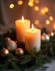 Warm Christmas Candles and Festive Ornaments with Bokeh Lights