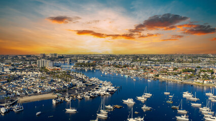 Aerial shot of boats and yachts in the Newport Bay in Newport Beach California USA