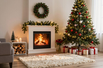 Cozy living room interior with a crackling fireplace and a beautifully decorated Christmas tree, evoking a warm and festive holiday atmosphere for celebrations