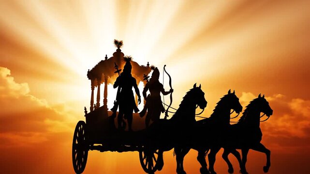Gita Jayanti banner video, Orange white gradient, Krishna Arjuna chariot silhouette in soft motion