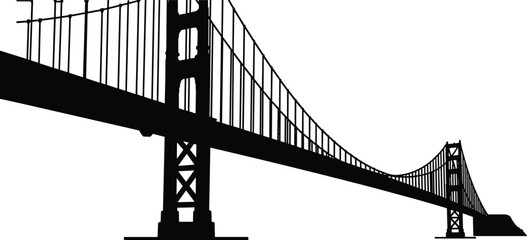 Silhouette of a suspension bridge architecture with cables and towers, civil engineering structure design and infrastructure vector illustration concept.