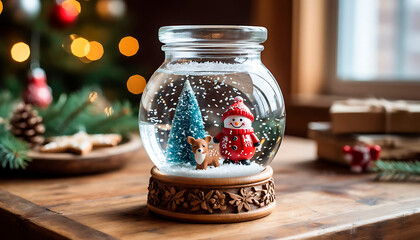 Snow globe with snowman, deer, and Christmas tree, sitting on wooden table with holiday decorations and bokeh lights