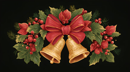 Stylized Christmas wreath featuring a red bow, golden bells and berries for festive decoration. Stock Illustration 