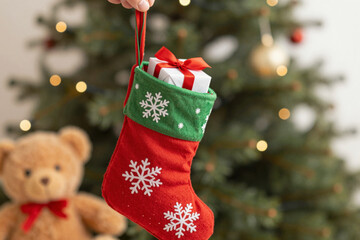 Spreading holiday cheer A hand gracefully holds a festive red stocking, adorned with snowflakes and filled with a special gift, against a warm, blurred seasonal backdrop