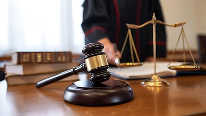Justice concept with judge gavel and scales on the courtroom desk