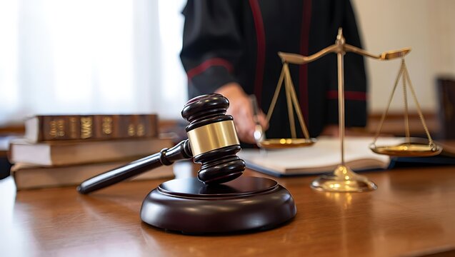 Justice concept with judge gavel and scales on the courtroom desk - Powered by Adobe