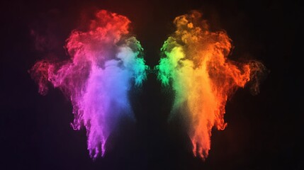 Abstract Colorful Powder Explosion: A vibrant display of multicolored dust clouds against a dark background, resembling a symmetrical, artistic wing-like formation.