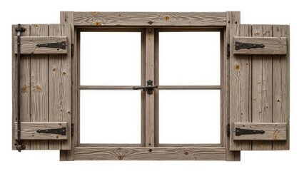Rustic wooden window with open shutters isolated on white background