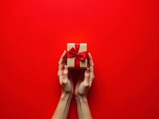 Hands holding a festive gift box with a red ribbon on a vibrant red background