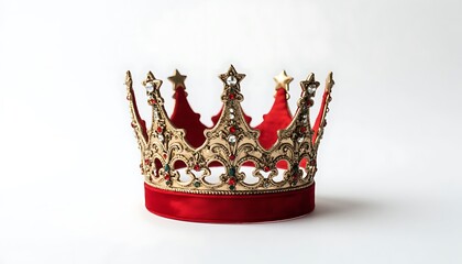 Ornate golden crown featuring red velvet and sparkling gemstones, representing concepts of royalty, leadership, and success on white