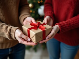 Hands Holding a Festive Christmas Gift