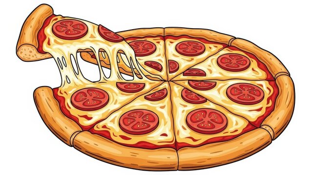 Delicious pepperoni pizza illustration with melting cheese and slice removed - Powered by Adobe