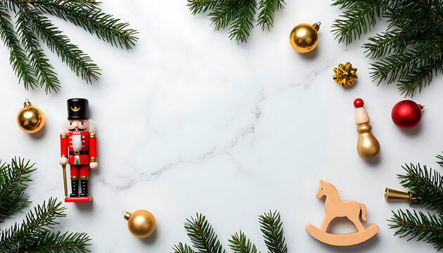 Traditional Christmas nutcracker and various holiday ornaments with fir branches creating a festive frame on a white marble background