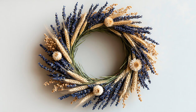 Circular wreath crafted from dried lavender, wheat stalks, and natural floral elements, creating a rustic decoration - Powered by Adobe