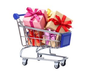 A mini shopping cart overflowing with colorful, wrapped presents and tied with pretty ribbons, on black background