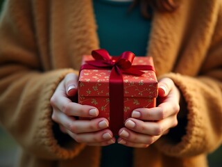 Hands Holding a Festive Christmas Gift
