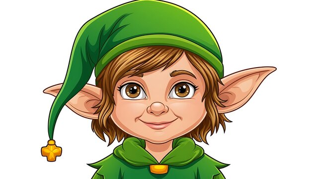 Smiling cartoon elf mascot or gnome character wearing a green hat and costume looking friendly, featuring pointy ears