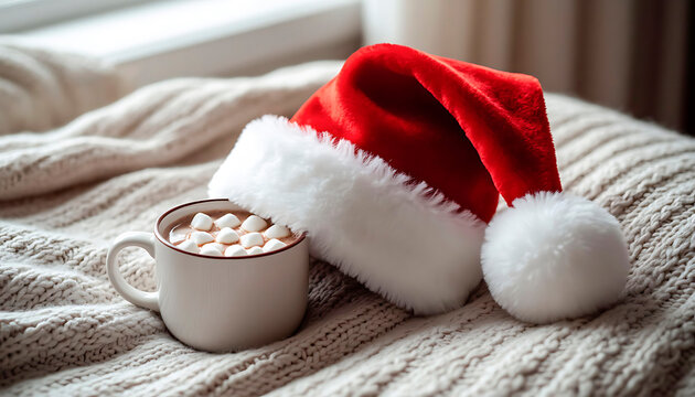 Mug of hot chocolate with marshmallows resting next to a red Santa Claus hat on a knitted blanket, creating cozy holiday cheer