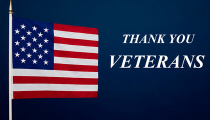 American flag waving against a blue background, displaying the text Thank You Veterans to express national gratitude and respect