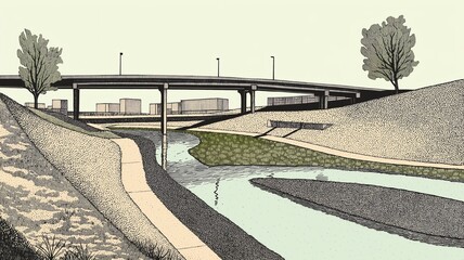 A highway overpass with a natural scene beneath in a scene depicting urban greening architectural style.