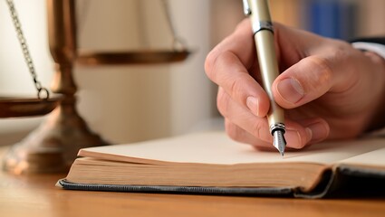 Legal Professional Hand Writing in Docket Book with Scales of Justice