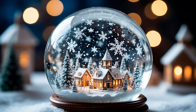Snow globe showcasing a festive winter village with illuminated houses and snow-covered trees under falling snowflakes