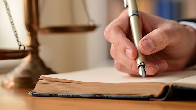 Legal Professional Hand Writing in Docket Book with Scales of Justice
