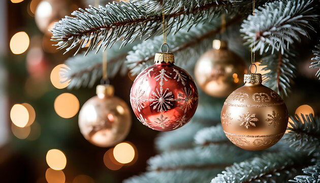 Decorated Christmas tree branches showing red and golden baubles with snowflake patterns and sparkling bokeh lights. Holiday season concept