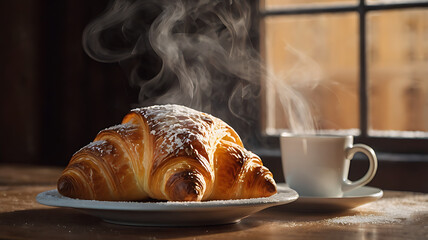  Golden Buttery Croissant with Rising Steam in Warm Light