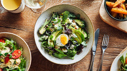 Overhead view of a fresh avocado salad with a poached egg on a rustic wooden table setting at brunch
