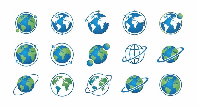 A collection of diverse blue and green globe icons, depicting the Earth with various styles, including rotation arrows, orbits, and stylized representations of the planet.
