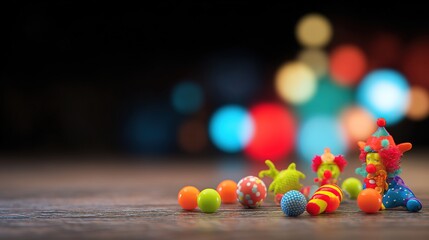 comedy. Circus clown props and colorful toys scattered playfully on a stage floor. event programs, museum guides, designed for cultural heritage projects and event programs.