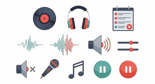 Collection of flat design vector icons representing various audio, music, and sound elements on a clean white background.