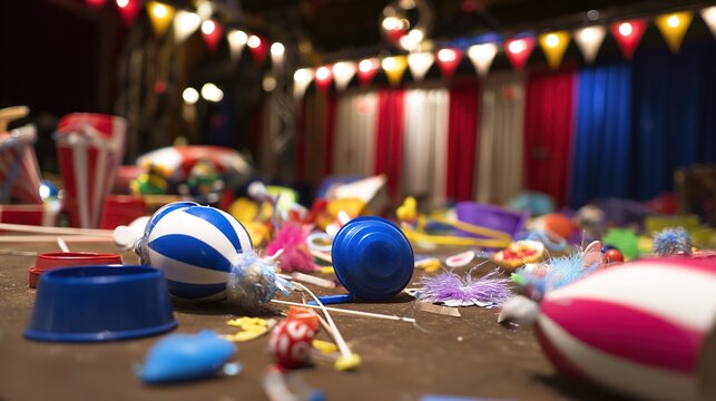 comedy. Circus clown props and colorful toys scattered playfully on a stage floor. event programs, museum guides, designed for cultural heritage projects and event programs.