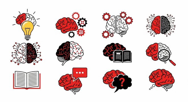Collection of brain-related icons representing ideas, learning, technology, and cognitive processes.