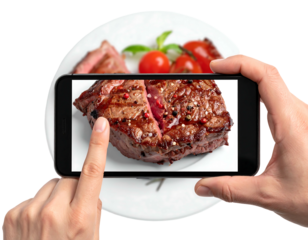 A person takes a photo of a sliced, grilled steak with cherry tomatoes on a white plate, using a smartphone