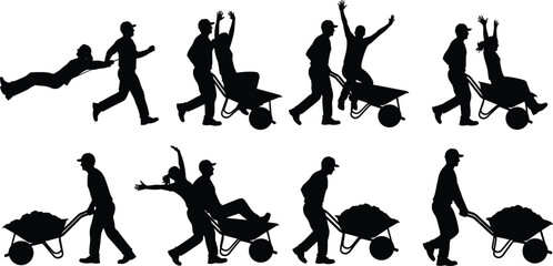 Set of playful couple silhouettes, man pushing woman in a wheelbarrow, funny people celebrating success, vector illustration for happy relationship, teamwork and labor concept.