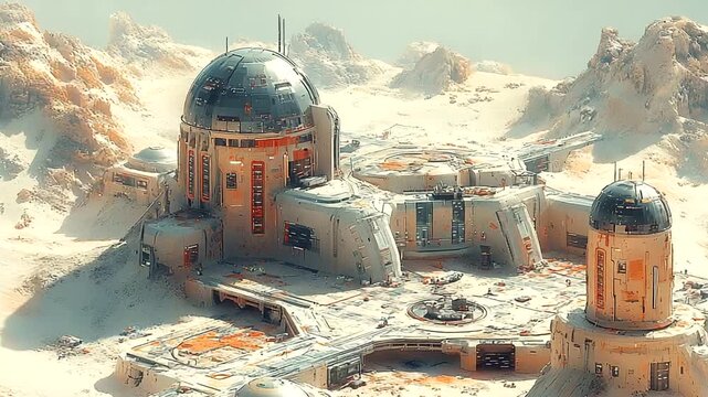 Futuristic research facility in a snowy landscape