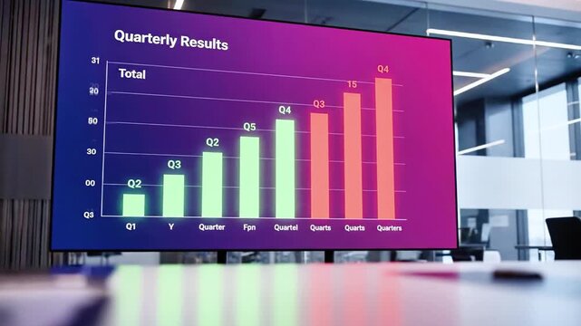 A screen displays a quarterly results bar graph in a conference room setting