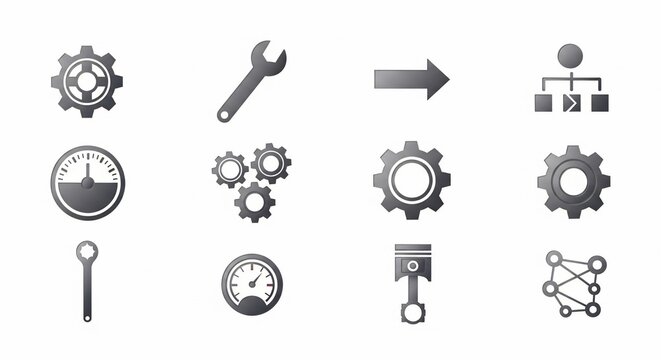 A collection of grey-scale vector icons representing mechanical tools, engineering components, and process diagrams, including gears, wrenches, gauges, pistons, arrows, and network structures.