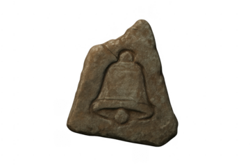 Ancient weathered stone bell carving relief isolated