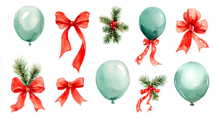 Watercolor set of cute Christmas balloons and red bows, isolated collection hand drawn holiday symbols for your design cards, invitations, textile or whimsy print design on white background. 