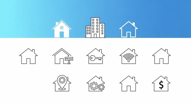 A collection of various house and building line icons representing real estate and property services on a gradient background.