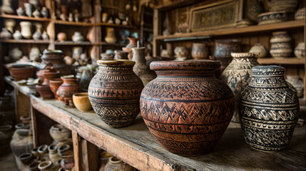 Handcrafted pottery with intricate patterns displayed on wooden shelves in a rustic artisan workshop