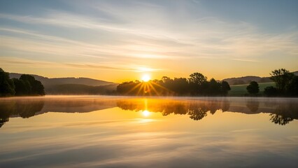 Fototapeta premium A magnificent sunrise or sunset over a lake, featuring a brilliant sunburst and perfect reflection on the mirror-like water. The horizon is framed by a forest and rolling hills, with a thin layer of m