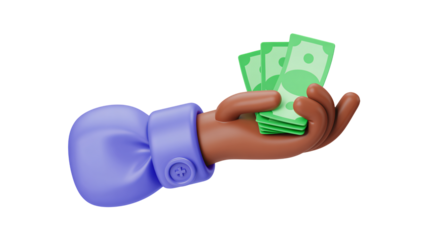 Cartoon hand holding money, showing cash payout, earnings, and financial success