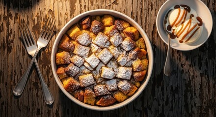 Overhead view of a baked bread dessert with powdered sugar