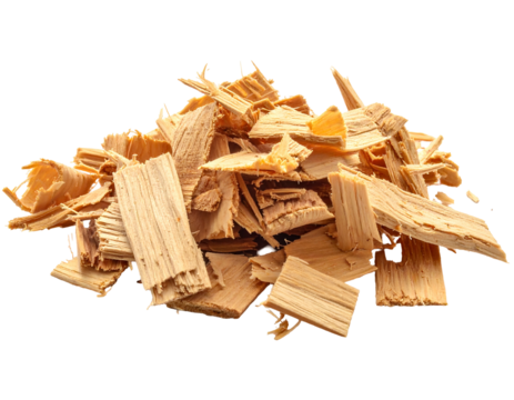 A pile of light brown wood chips, irregular shapes and textures, piled loosely on a black background