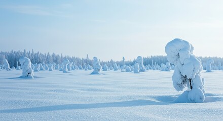 A beautiful, cold landscape covered in fresh, glistening snow under a pale blue sky, evoking quiet seasonal tranquility and crispness ,clean ,extreme ,nature