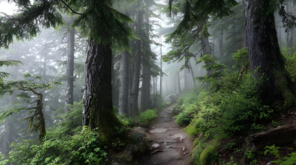 Obraz premium Misty forest path winding through lush green trees creating a serene and peaceful nature scene